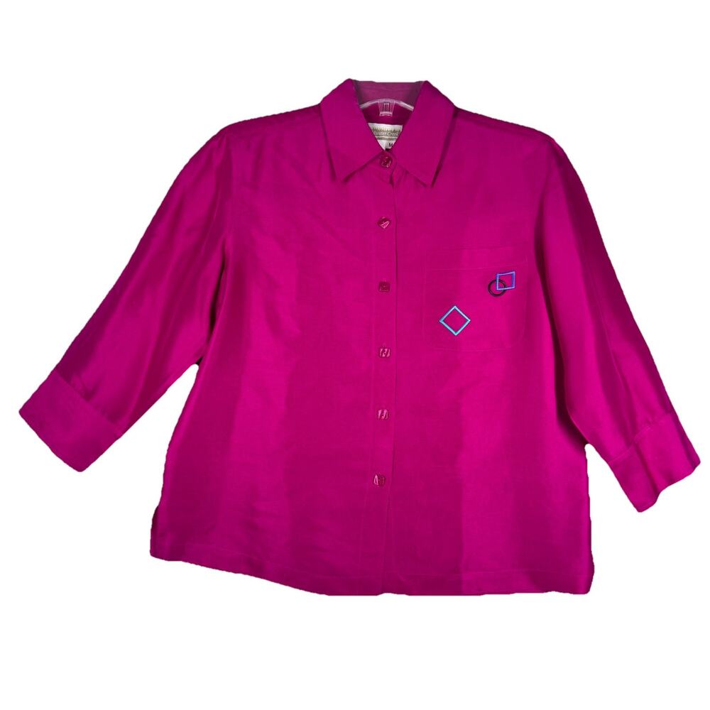 Coldwater Creek Shirt Womens Medium Fuchsia Pink Embroidered Silk Colorful Fun